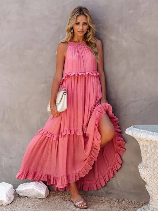 TEEK - Ruffled Sleeveless Tiered Pocketed Dress DRESS TEEK Trend Watermelon Pink S 