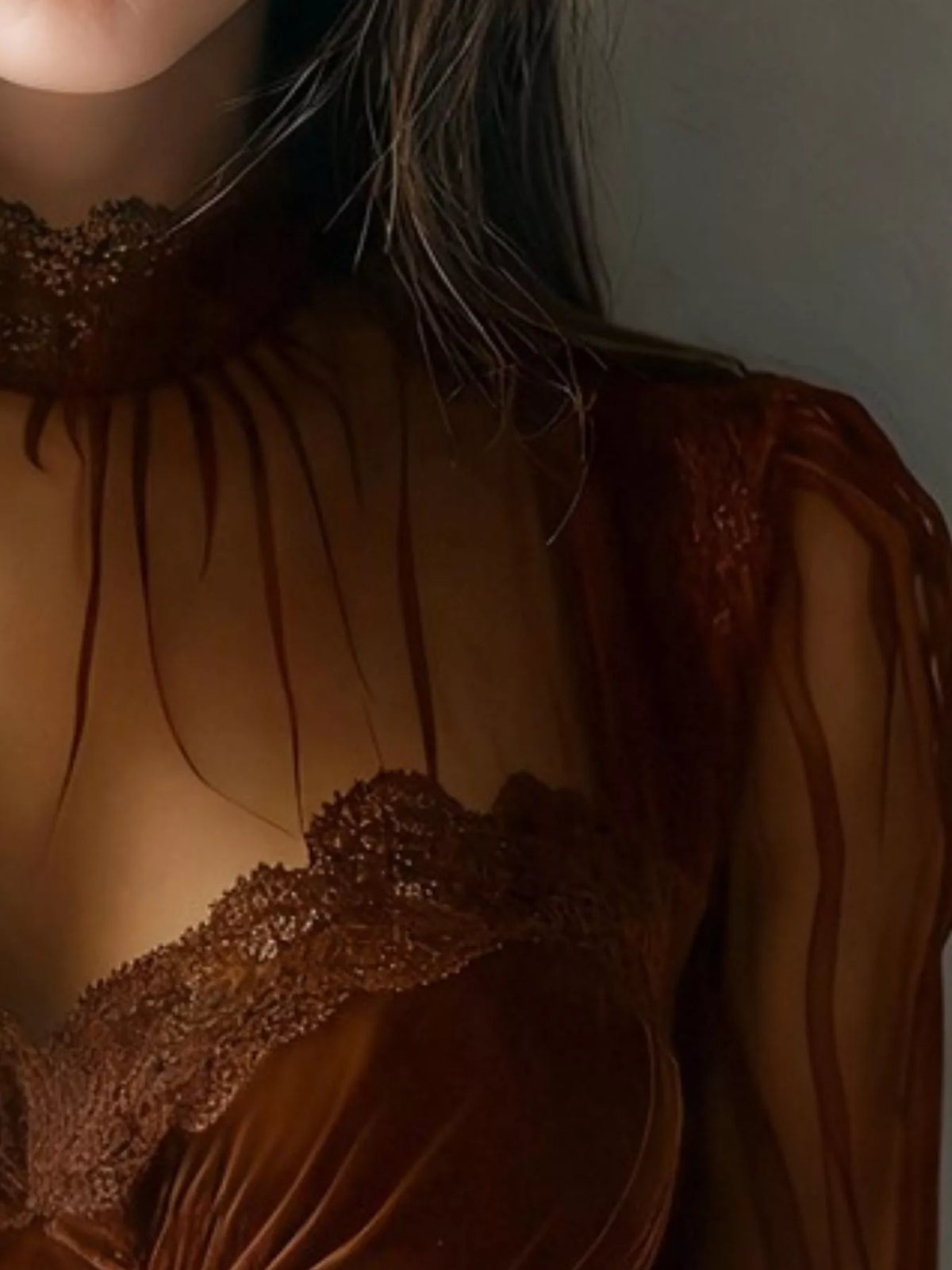 TEEK - Lace Trim Velvet Sheer Sleeve Blouse TOPS TEEK Trend