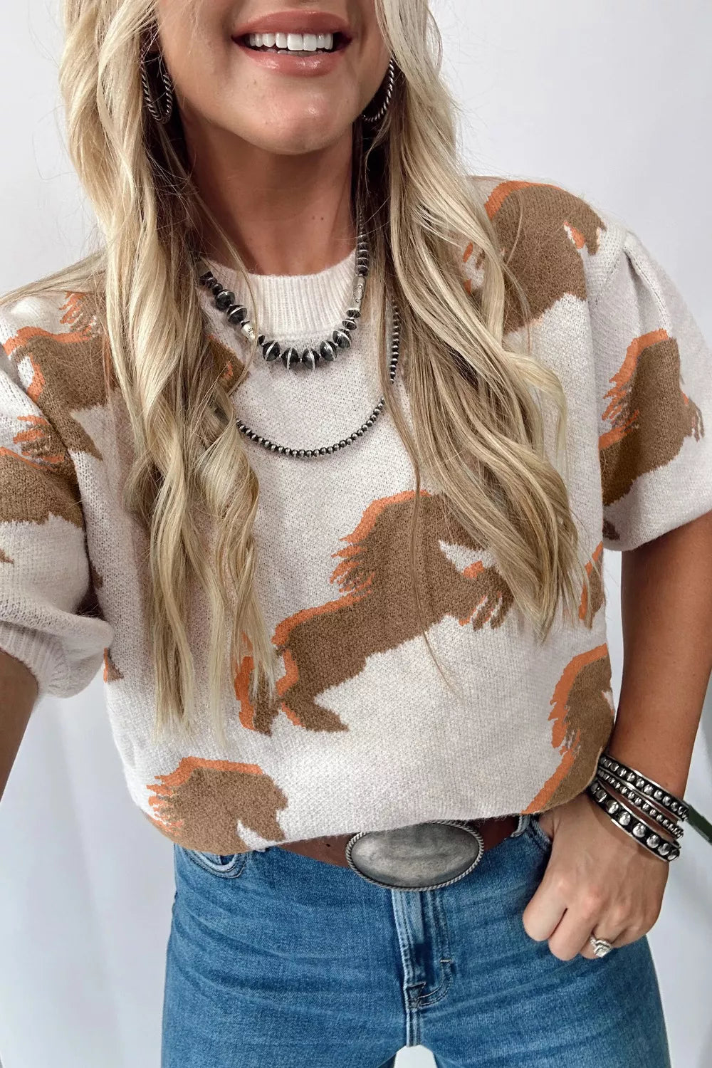 Western Horse Short Puff Sleeve Sweater Trendsi Beige S