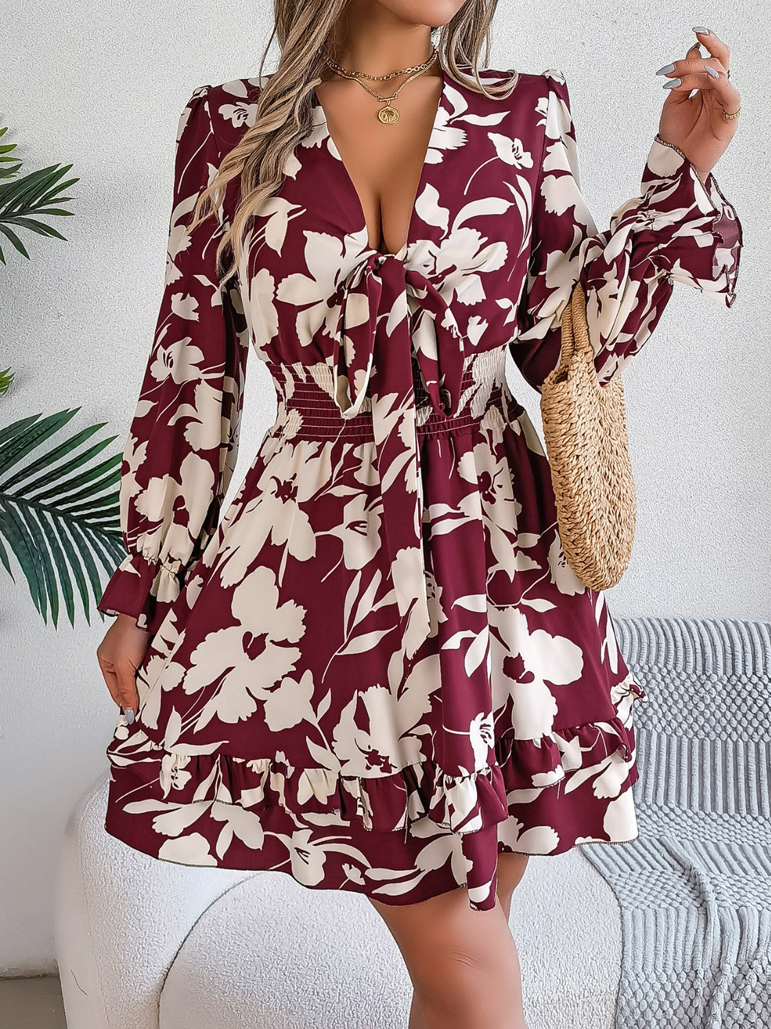 TEEK - Tied Ruffled Printed Long Sleeve Dress DRESS TEEK Trend   