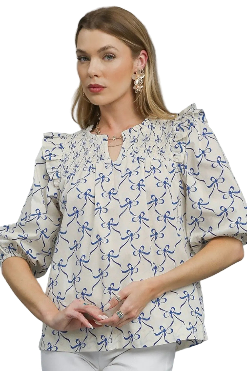 TEEK - Royal Blue Ruffled Bow Notched Blouse TOPS TEEK Trend S