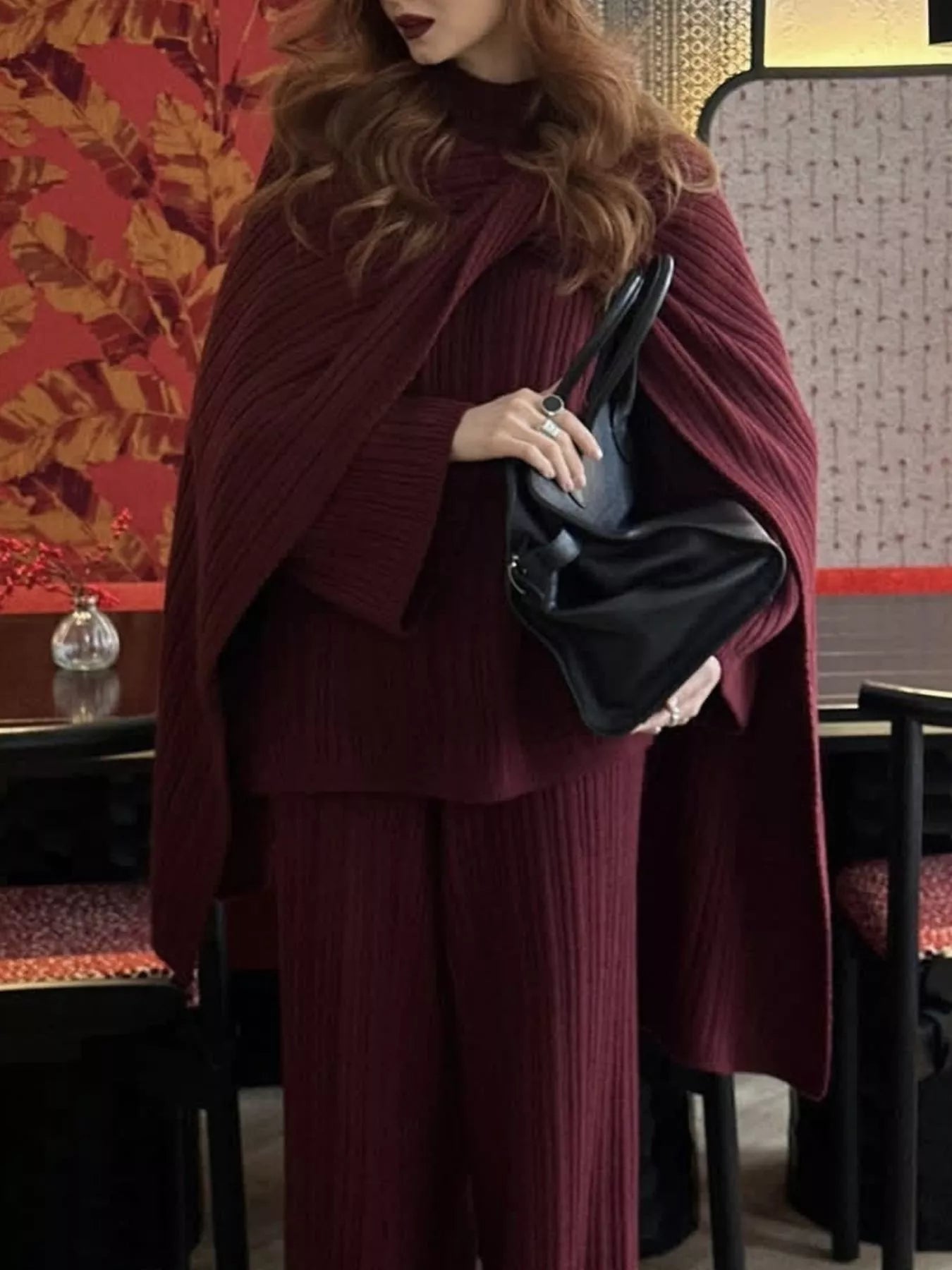 3-Piece Crew Neck Ribbed Sweater and Wide-Leg Pants Set with Scarf Trendsi