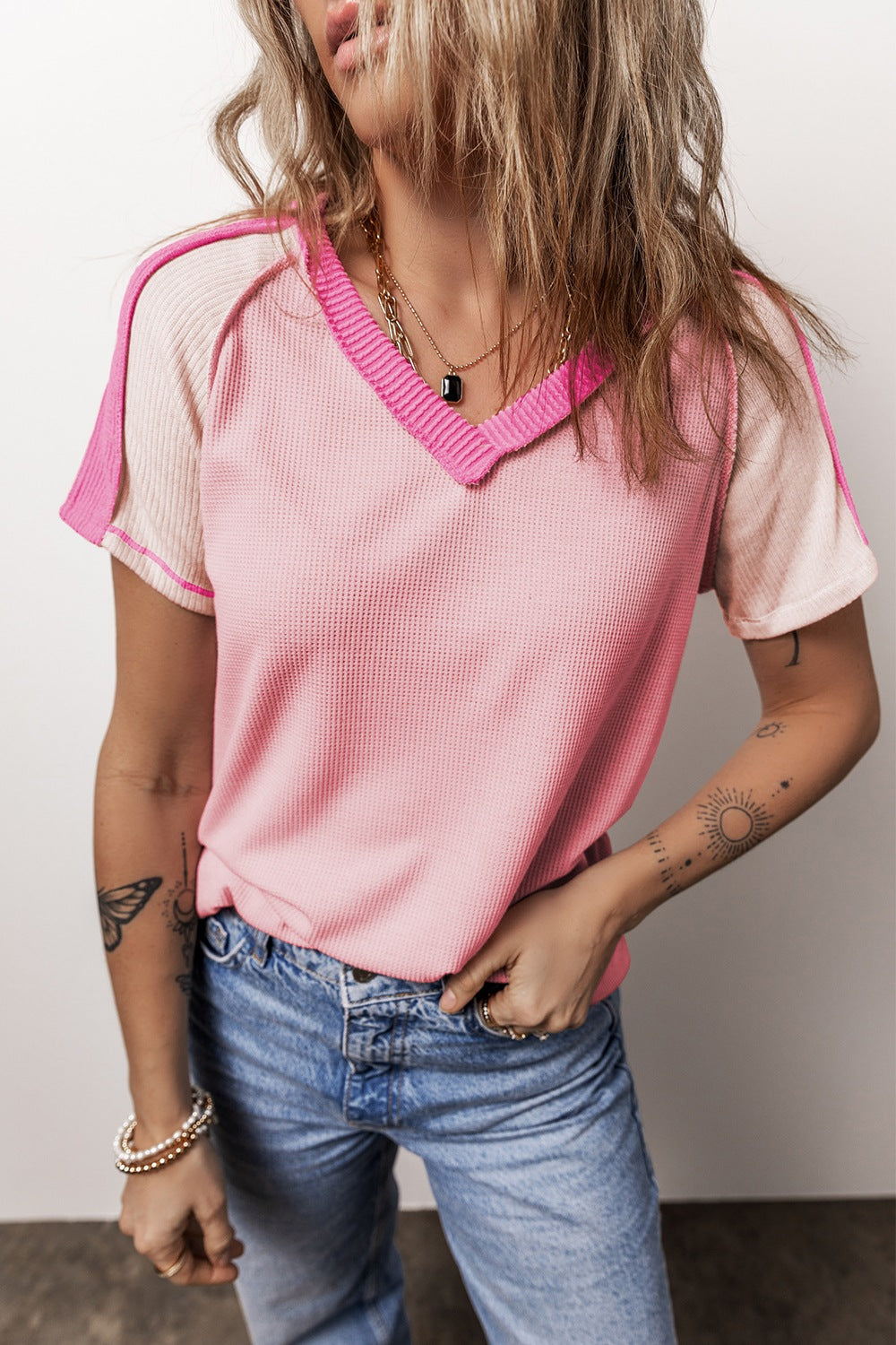 TEEK - Dusty Pink Color Block V-Neck Short Sleeve T-Shirt TOPS TEEK Trend   