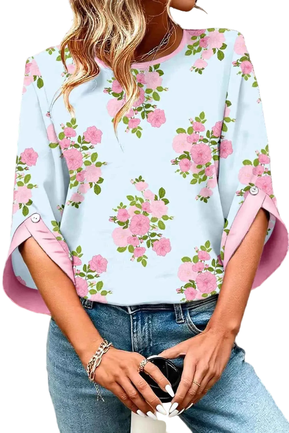 Floral Print 3/4 Sleeve Blouse Trendsi Pastel Blue S