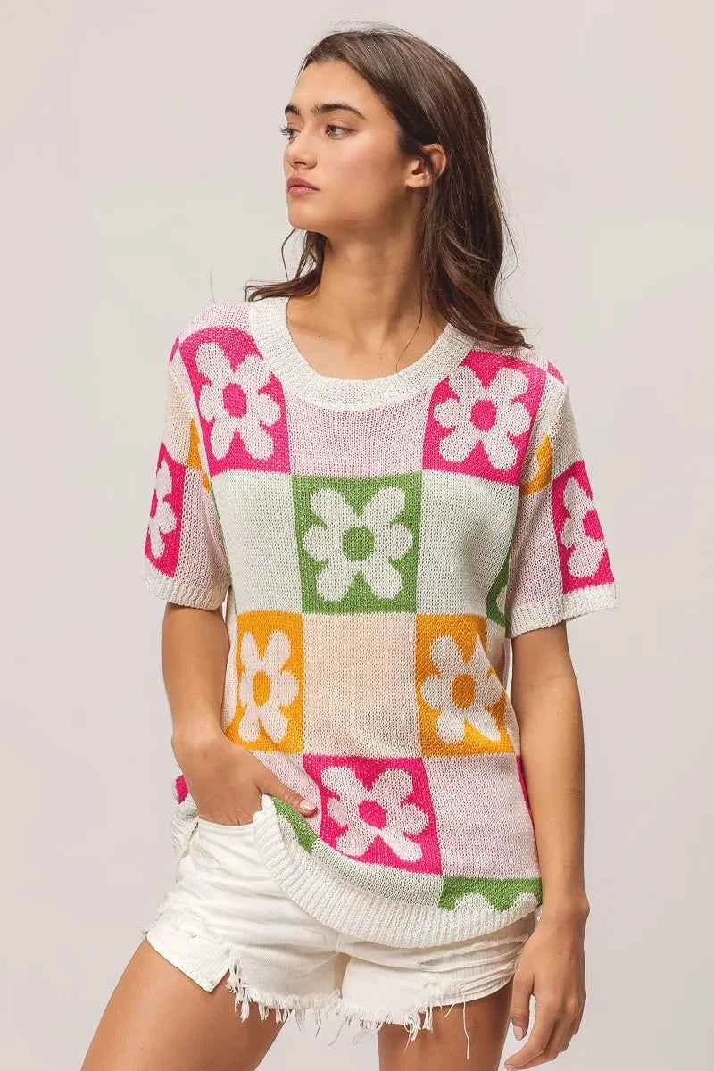 TEEK - Flower Checker Pattern Lightweight Sweater Top TOPS TEEK Trend