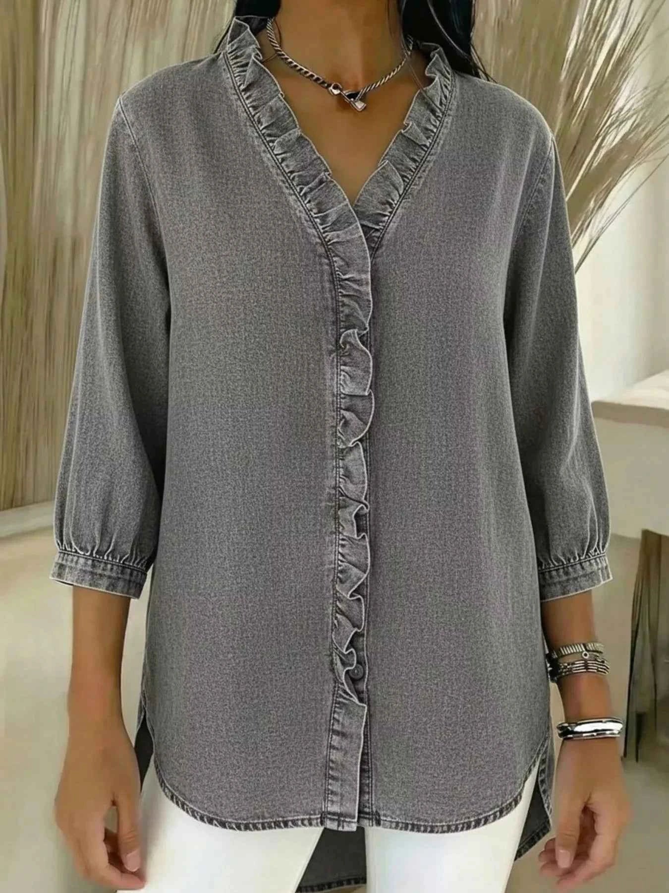 TEEK - Full Size V-Neck Ruffled Button Down Shirt Plus Size TOPS TEEK Trend Gray S