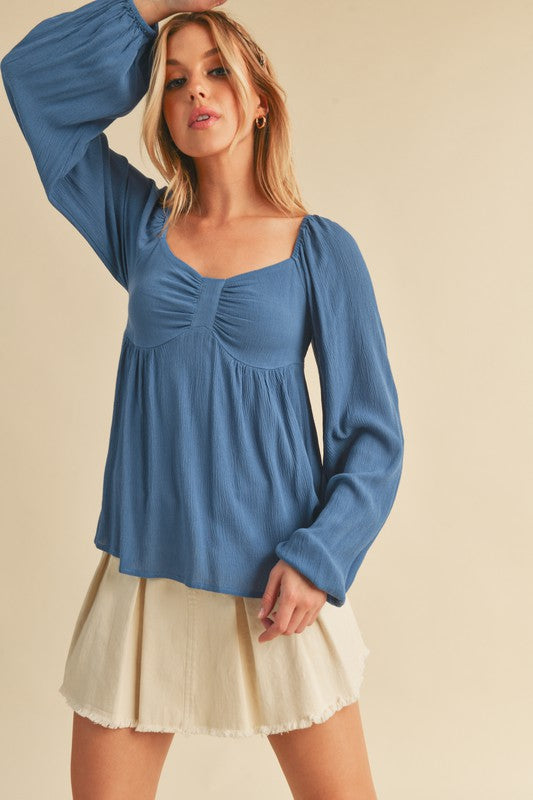 TEEK - Peacock Blue Ruched Sweetheart Neck Balloon Sleeve Blouse TOPS TEEK Trend