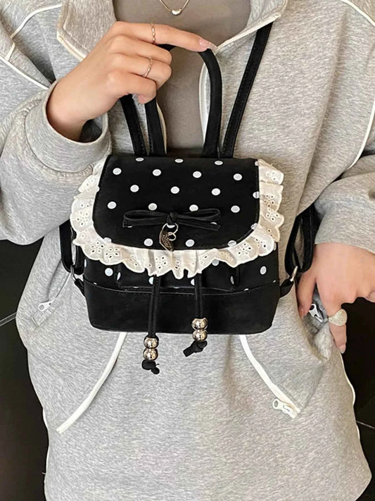 TEEK - Polka Dot Lace Trim Backpack Bag BAG TEEK Trend Black One Size