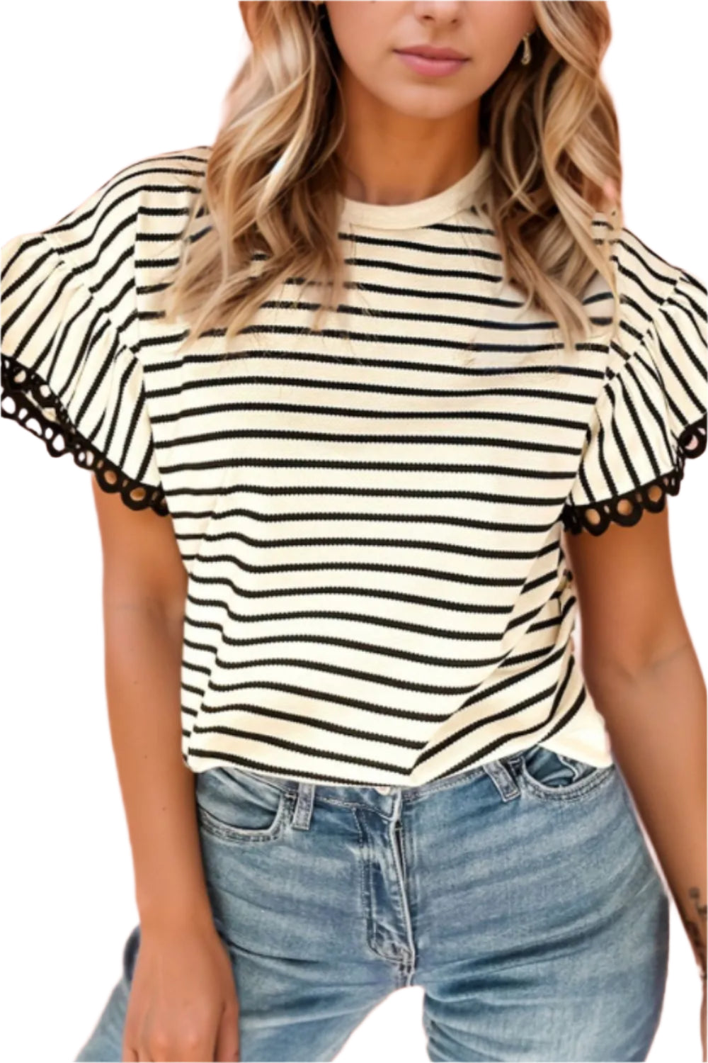 TEEK - Striped Round Neck Ruffle Sleeve Blouse JEANS TEEK Trend Black S