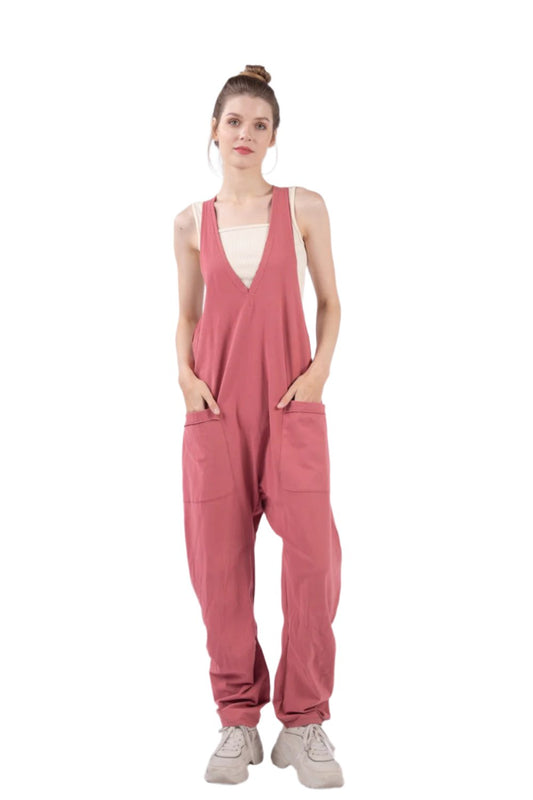 TEEK - Brick VJ Plunge Sleeveless Pocketed Jumpsuit JUMPSUIT TEEK Trend S  