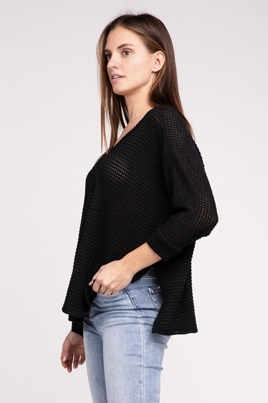 TEEK - 3/4 Sleeve V-Neck Hi-Low Hem Jacquard Sweater SWEATER TEEK FG   