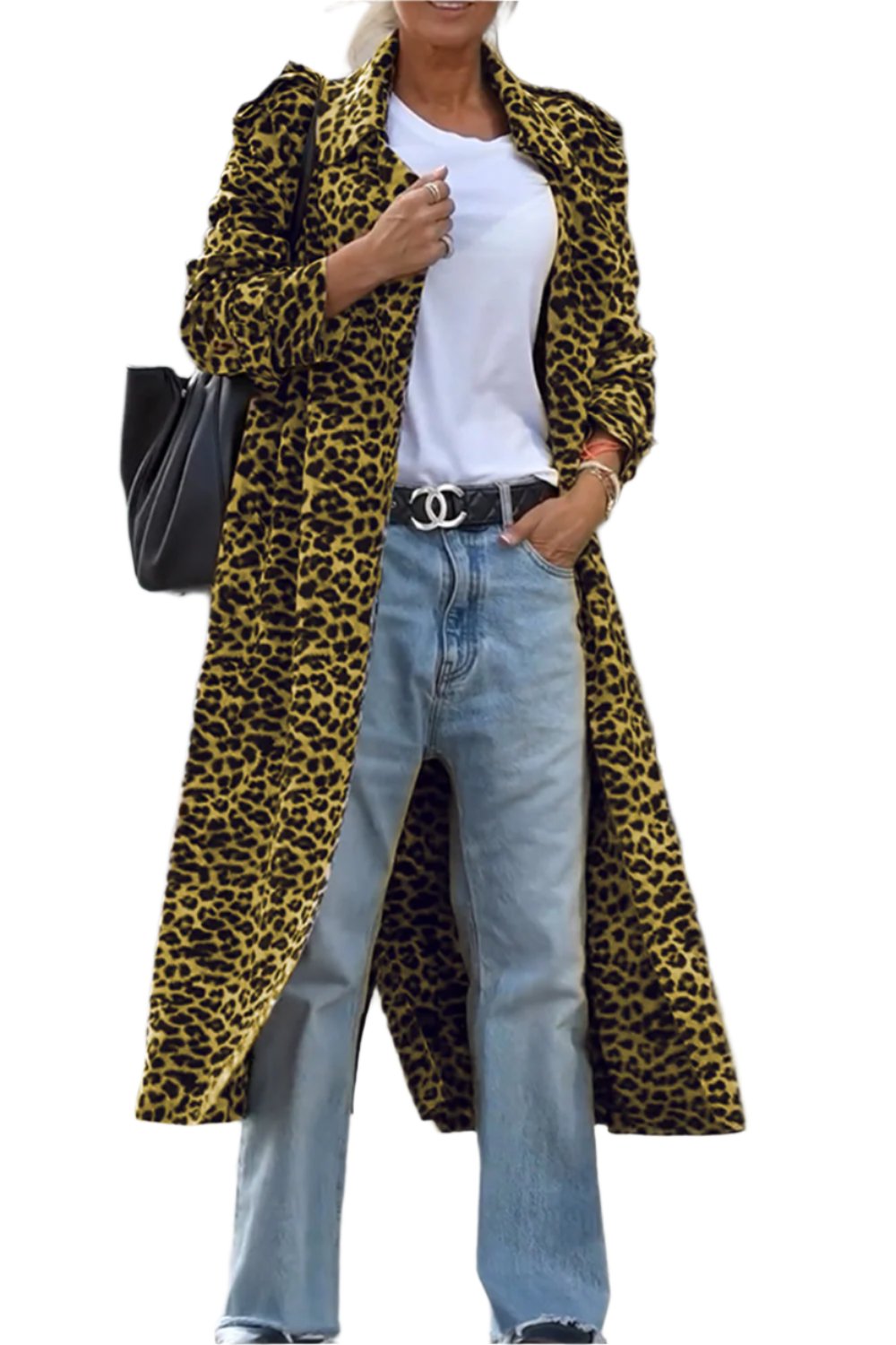 Leopard Collared Neck Long Sleeve Trench Coat TEEK Trend