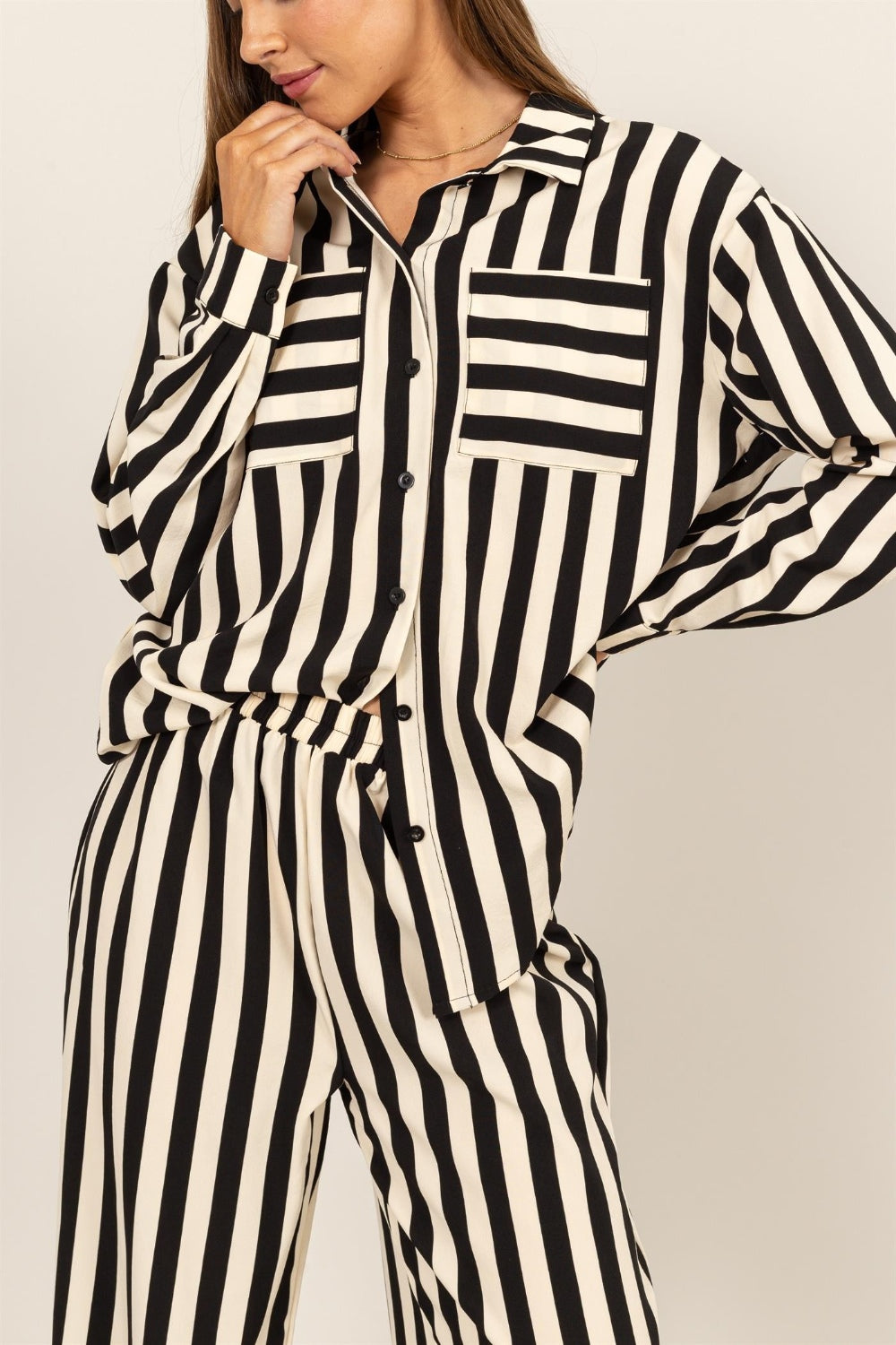 TEEK - Black Striped Button Up Shirt and Pants Set SET TEEK Trend   