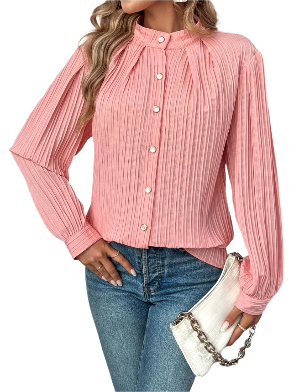 TEEK - Coral Button Down Mock Neck Long Sleeve Shirt TOPS TEEK Trend S