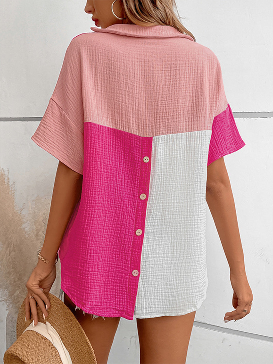 TEEK - Hot Pink Johnny Collar Short Sleeve Blouse TOPS TEEK Trend   