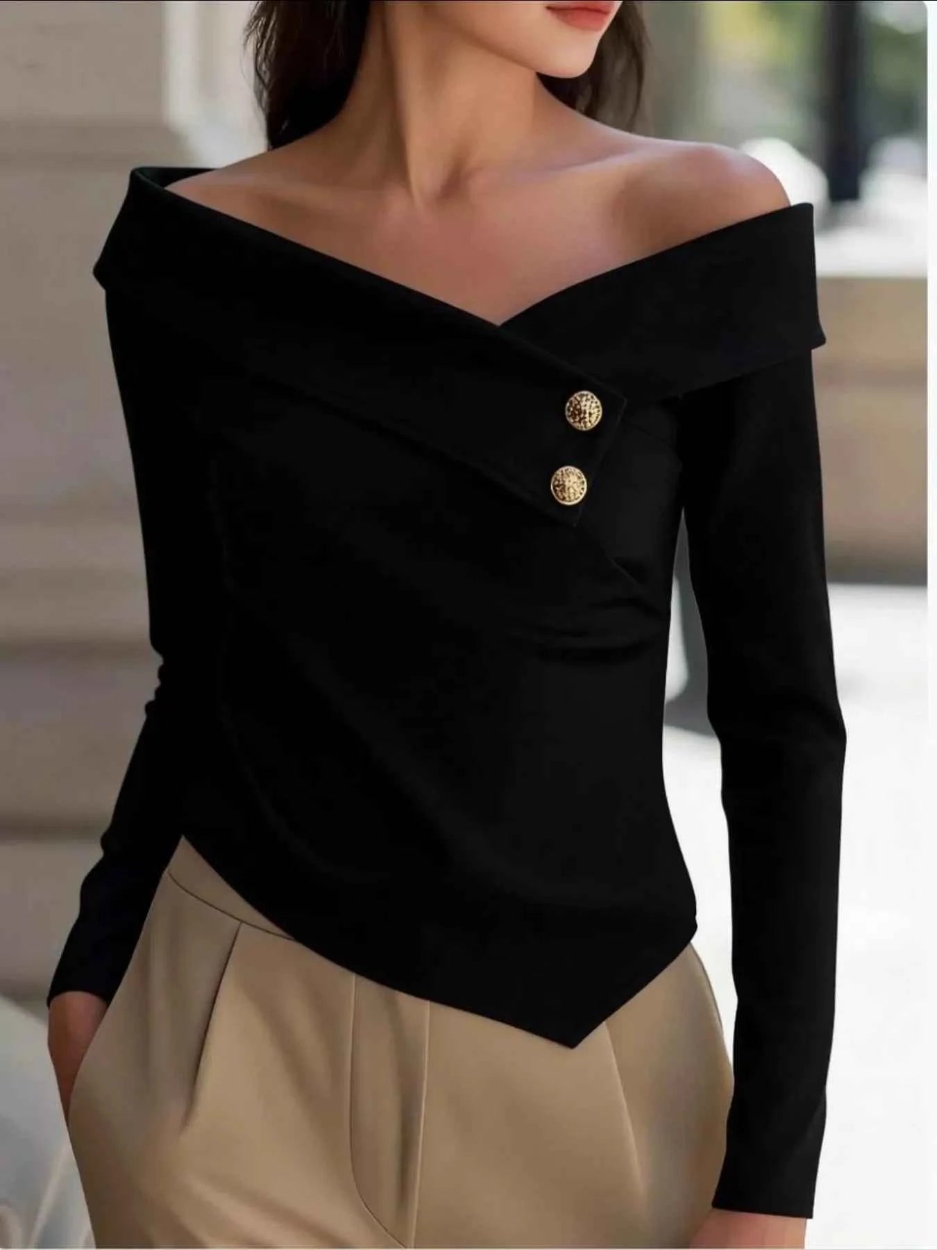 Off-Shoulder Button Detail Blouse Trendsi Black S