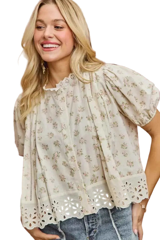 TEEK - Floral Print Lace Trim Short Sleeves Blouse TOPS TEEK Trend BLUSH S