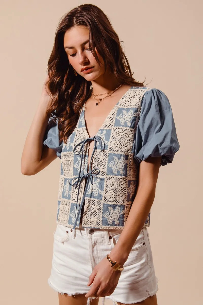 TEEK - Denim Blue Crochet Lace Tie Front V Neck Blouse Top TOPS TEEK Trend