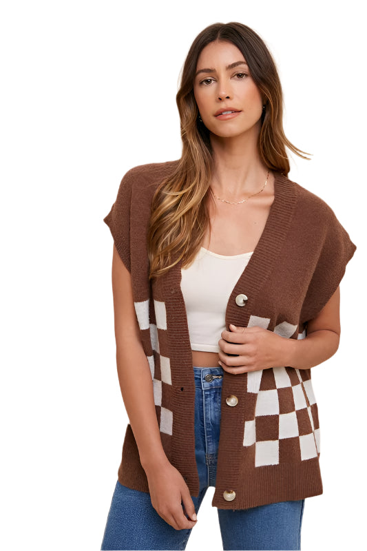 TEEK - Dark Brown Checkered Button Down Short Sleeve Cardigan SWEATER TEEK Trend S