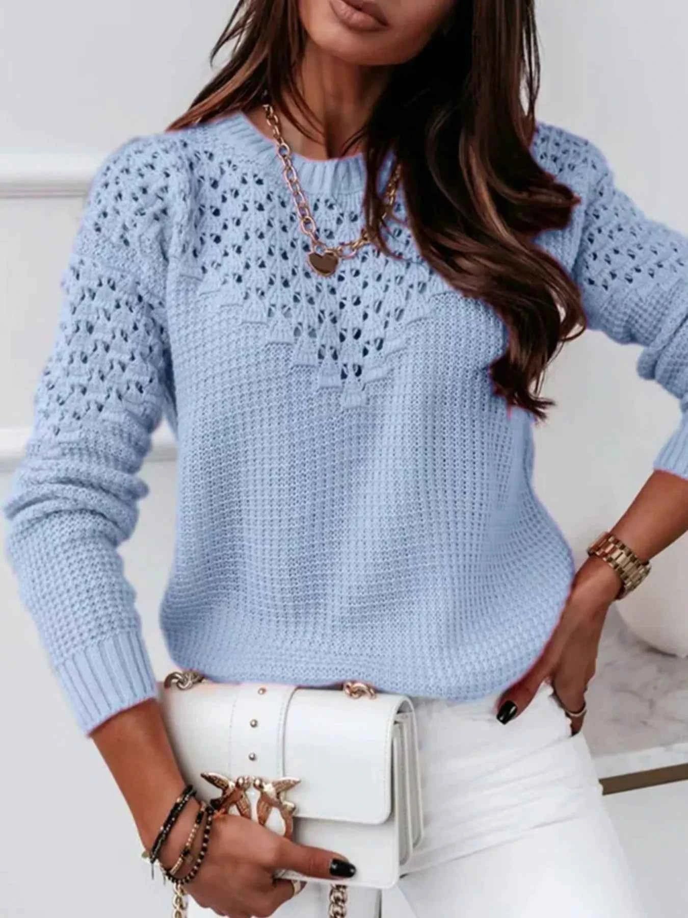 TEEK - Textured Openwork Round Neck Sweater TOPS TEEK Trend Light Blue S