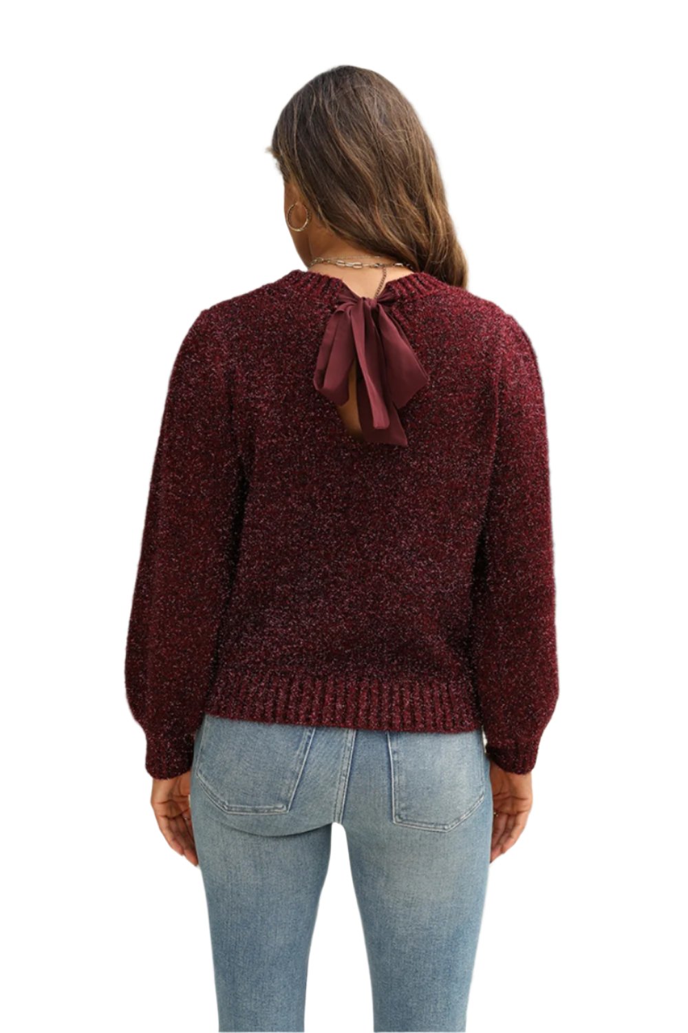 Tied Heathered Round Neck Long Sleeve Sweater TEEK Trend Burgundy XS