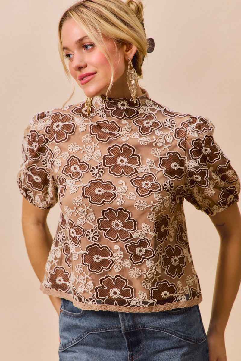 SO ME Texture Floral Mesh Top With Back Button Closure Trendsi