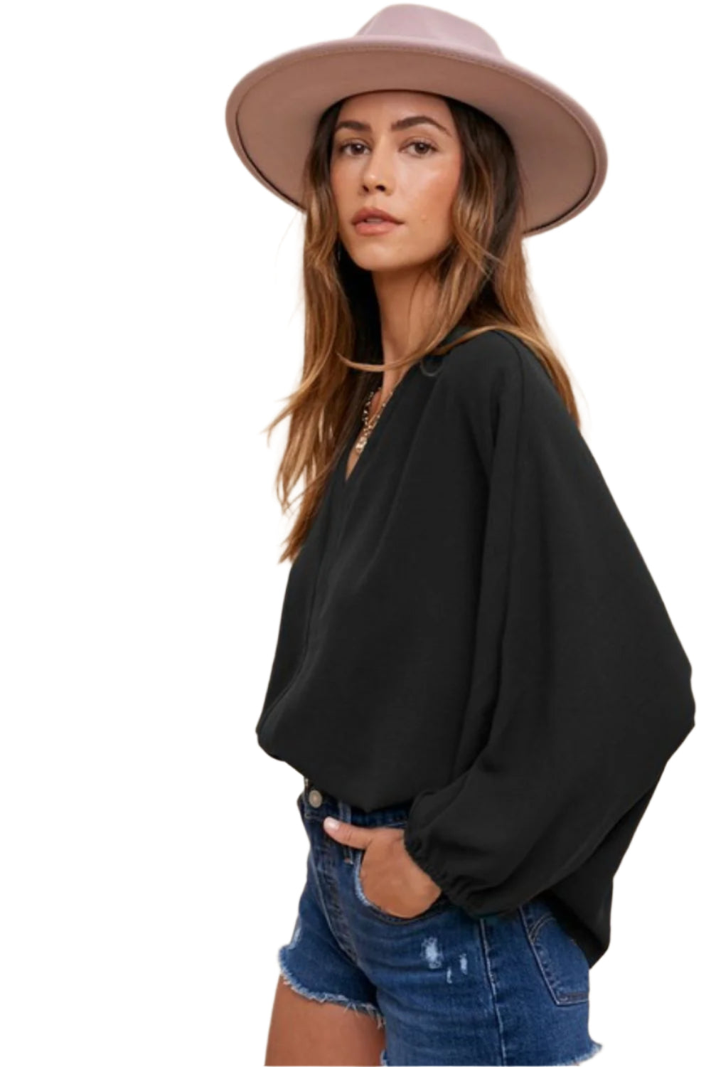 TEEK - Black Notched Batwing Sleeve Blouse TOPS TEEK Trend S
