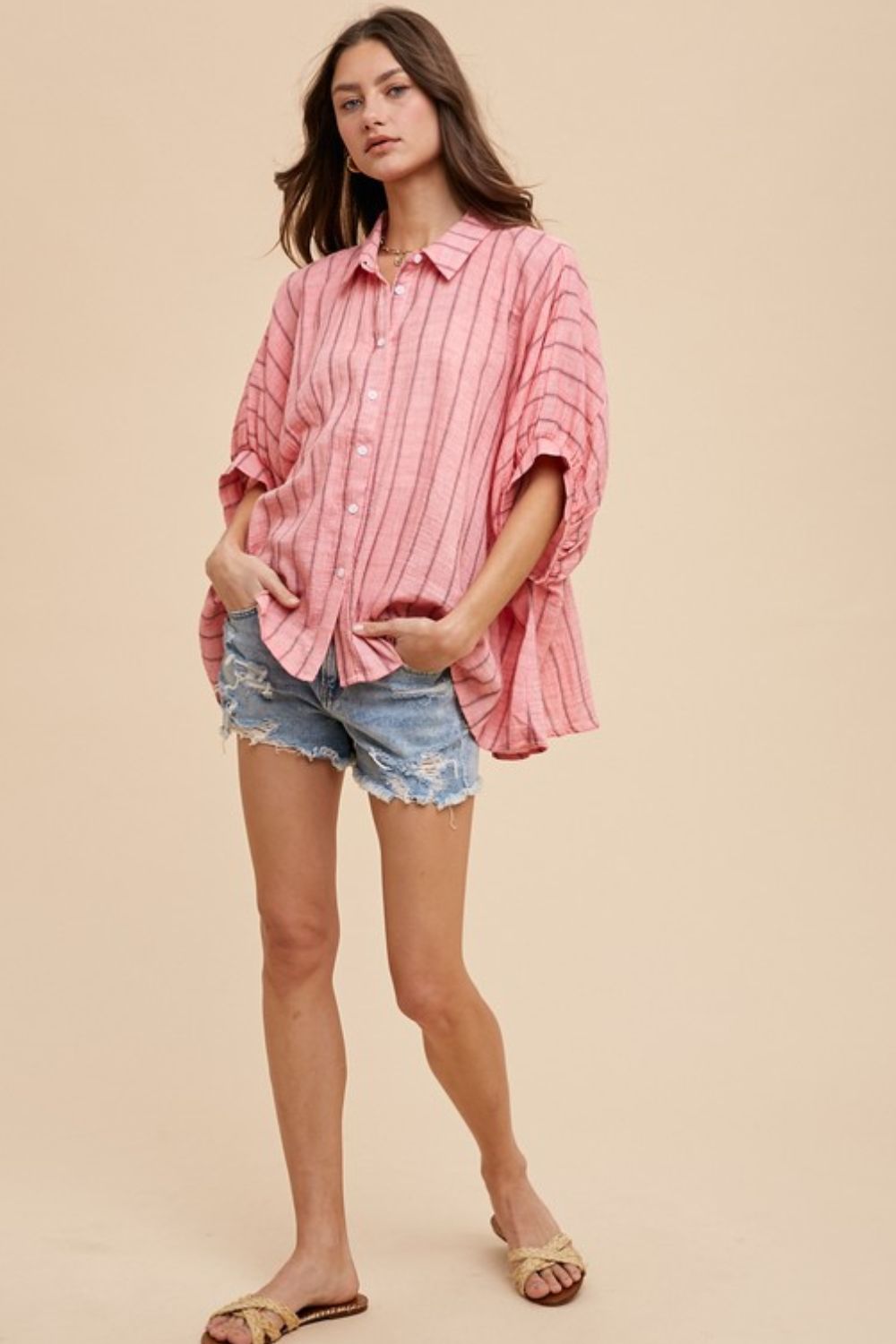 TEEK - Coral Pink Striped Button Up Half Sleeve Shirt TOPS TEEK Trend
