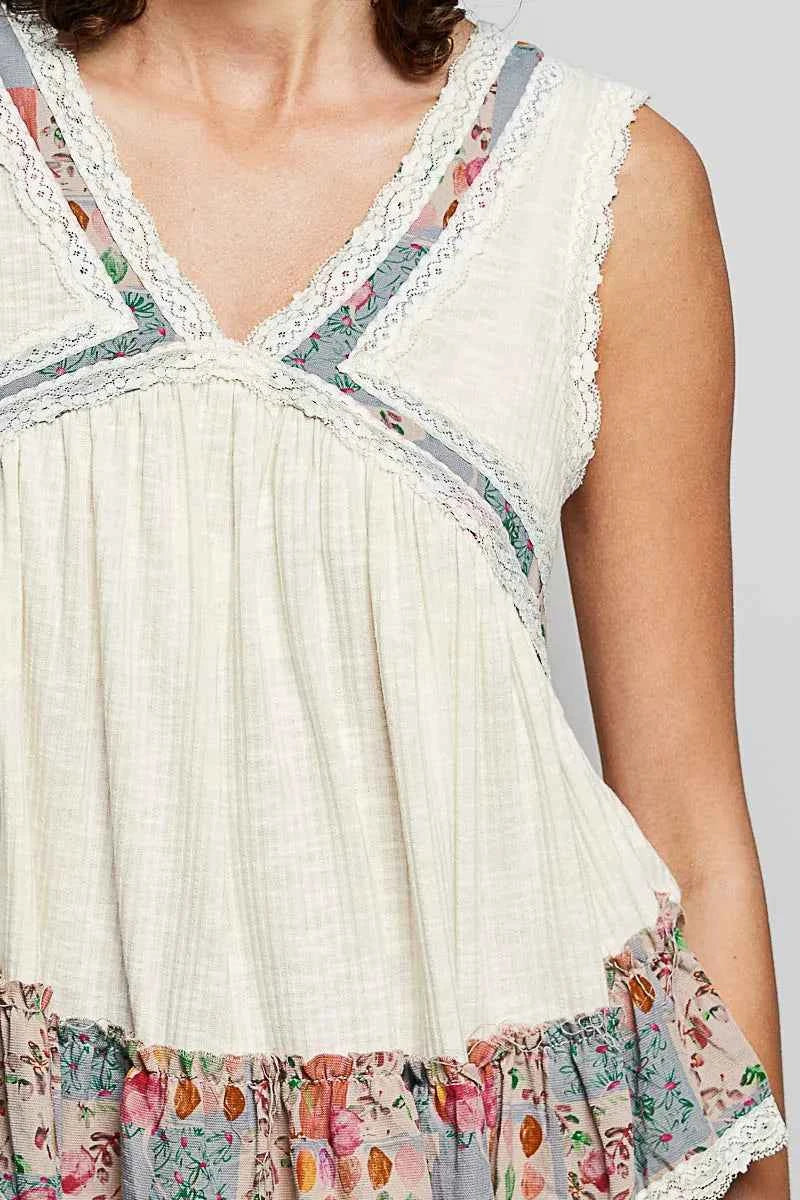 TEEK - Lace Detail Ruffled Ribbed Sleeveless Floral Top TOPS TEEK Trend