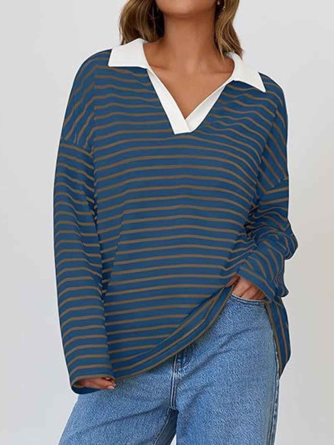 Striped Contrast Collar Long Sleeve Top Trendsi