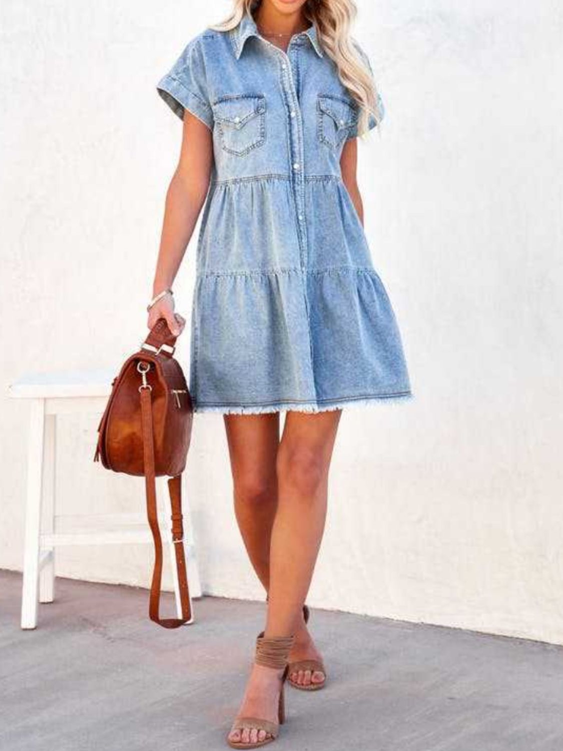 TEEK - Raw Hem Short Sleeve Denim Dress DRESS TEEK Trend   