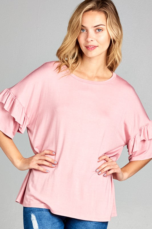 TEEK - PLUS SIZE SOLID RUFFLE SLEEVE TOP TOPS TEEK FG   