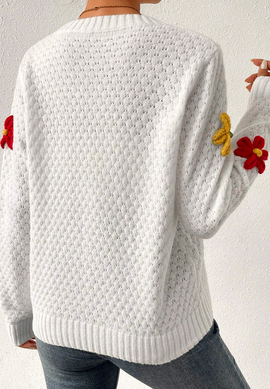 TEEK - White Crochet Flower Round Neck Long Sleeve Sweater TOPS TEEK Trend