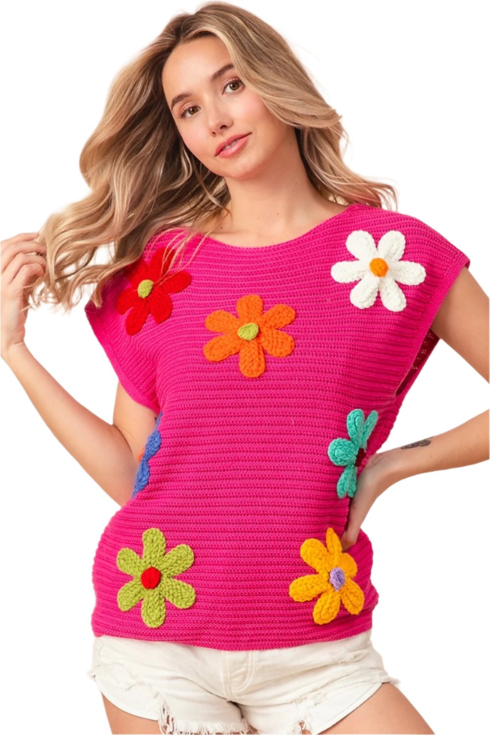 TEEK - Fuschia Flower Round Neck Cap Sleeve Knit Top SWEATER TEEK Trend S  