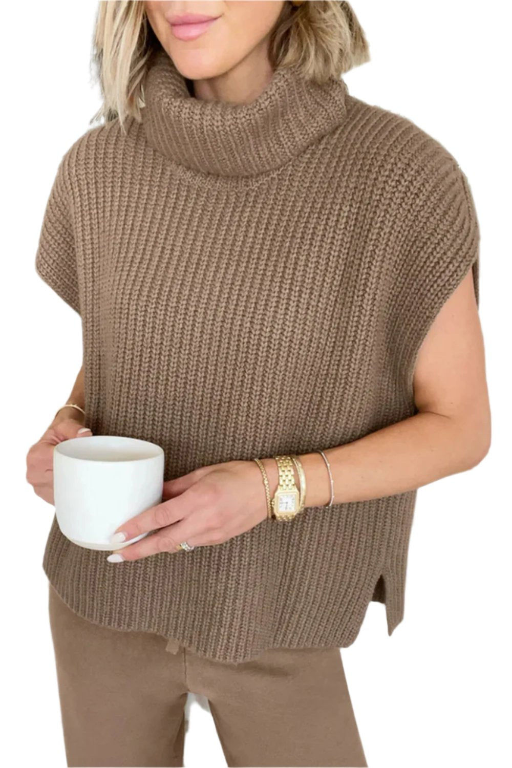 TEEK - Slit Turtleneck Cap Sleeve Sweater TOPS TEEK Trend Taupe S