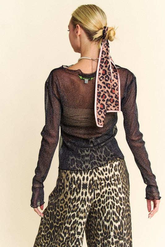 TEEK - Black Glitter Mesh Lettuce Hem Long Sleeve Top TOPS TEEK Trend