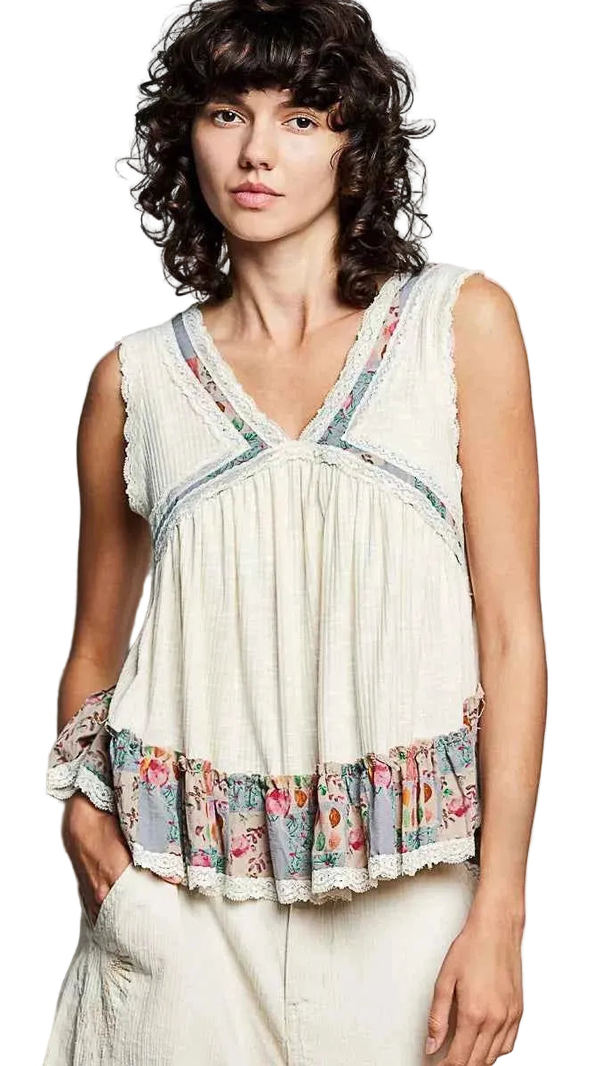 TEEK - Lace Detail Ruffled Ribbed Sleeveless Floral Top TOPS TEEK Trend NATURAL S