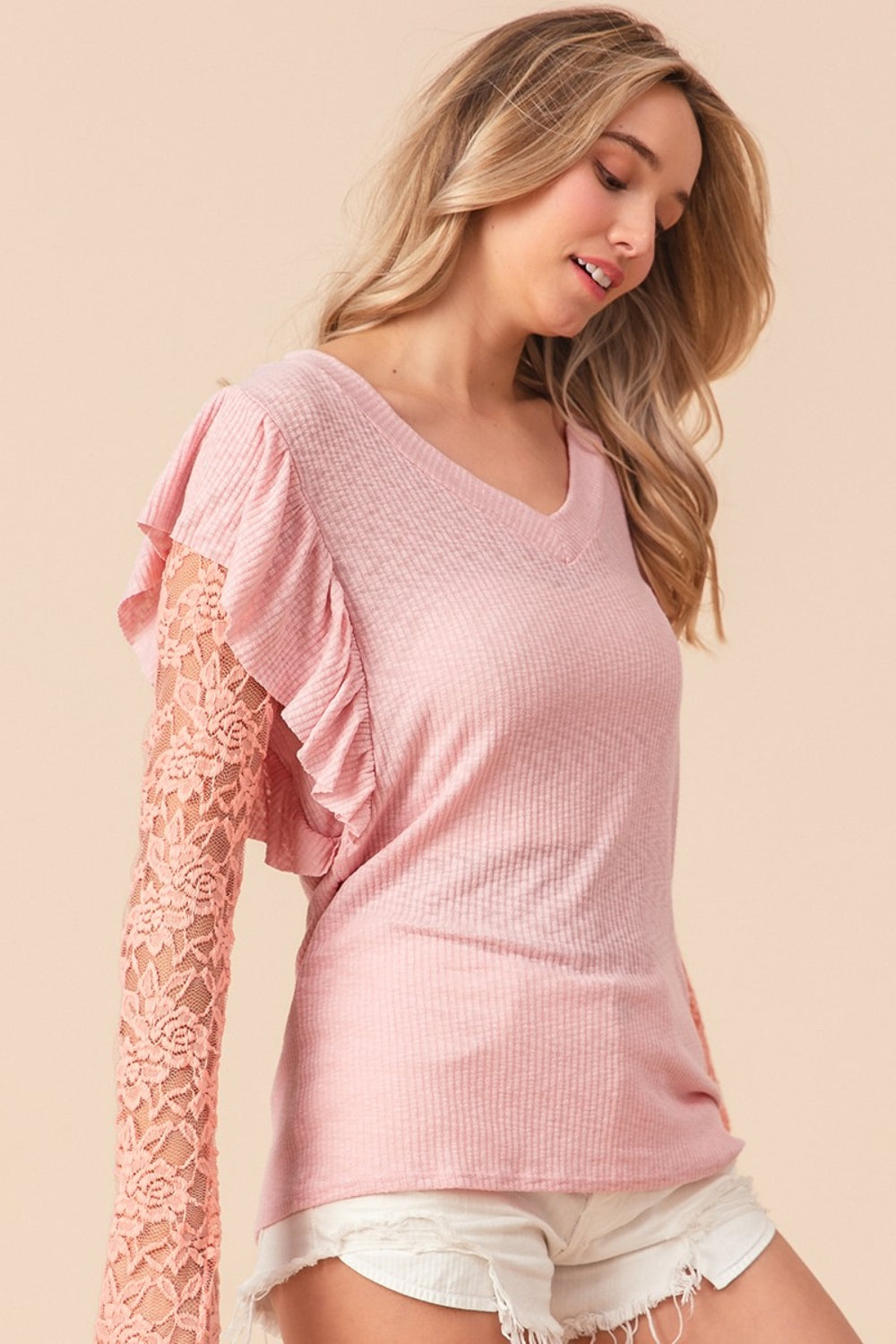TEEK - Blush Pink Ruffled Lace Sleeve Rib Knit Top TOPS TEEK Trend   