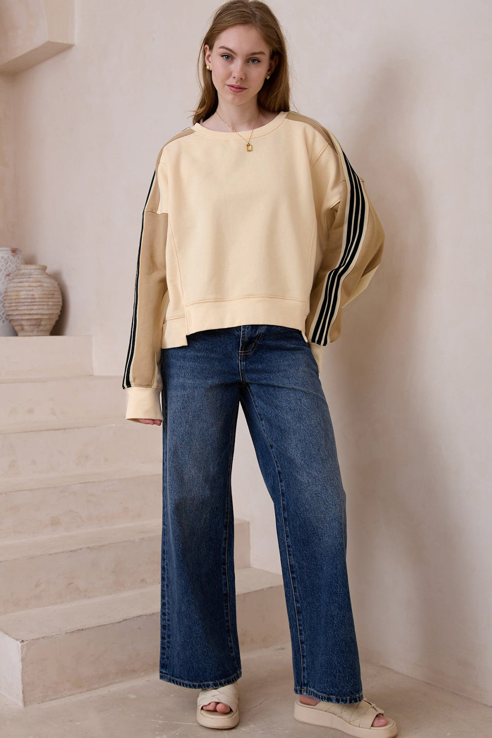 TEEK - Beige Contrast Round Neck Long Sleeve Sweatshirt TOPS TEEK Trend