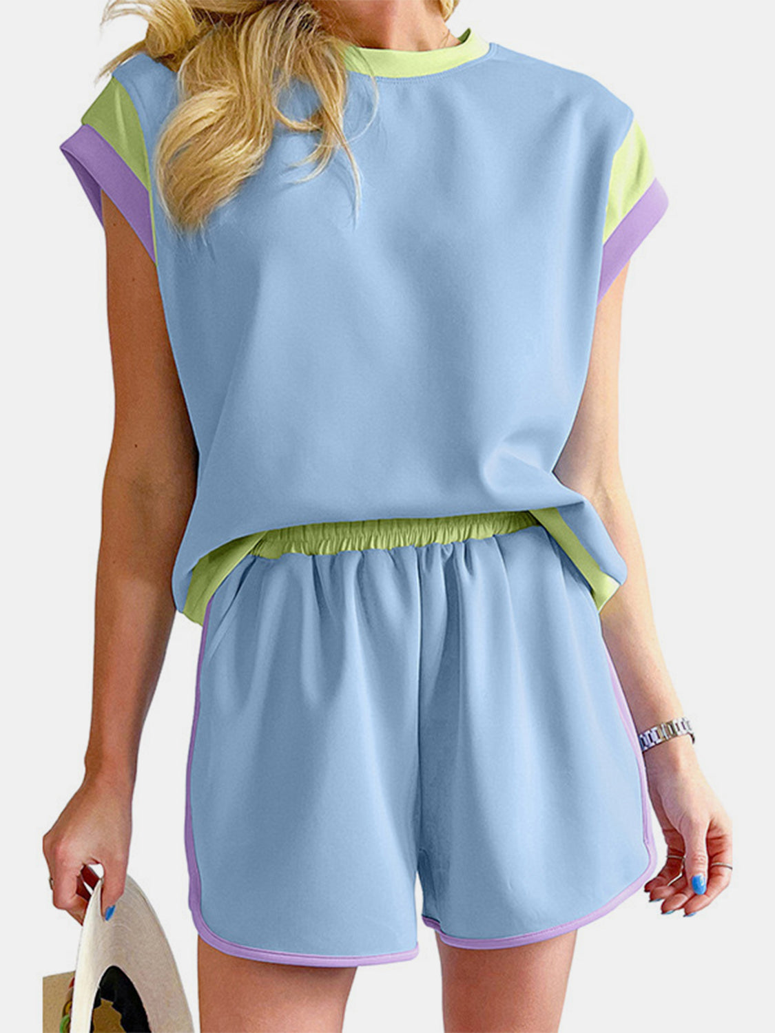 TEEK - Contrast Round Neck Top Shorts Set  TEEK Trend Light Blue S 