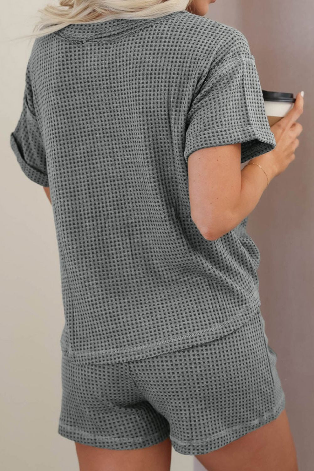 TEEK - Charcoal Waffle-Knit Short Sleeve Shorts Lounge Set SET TEEK Trend   
