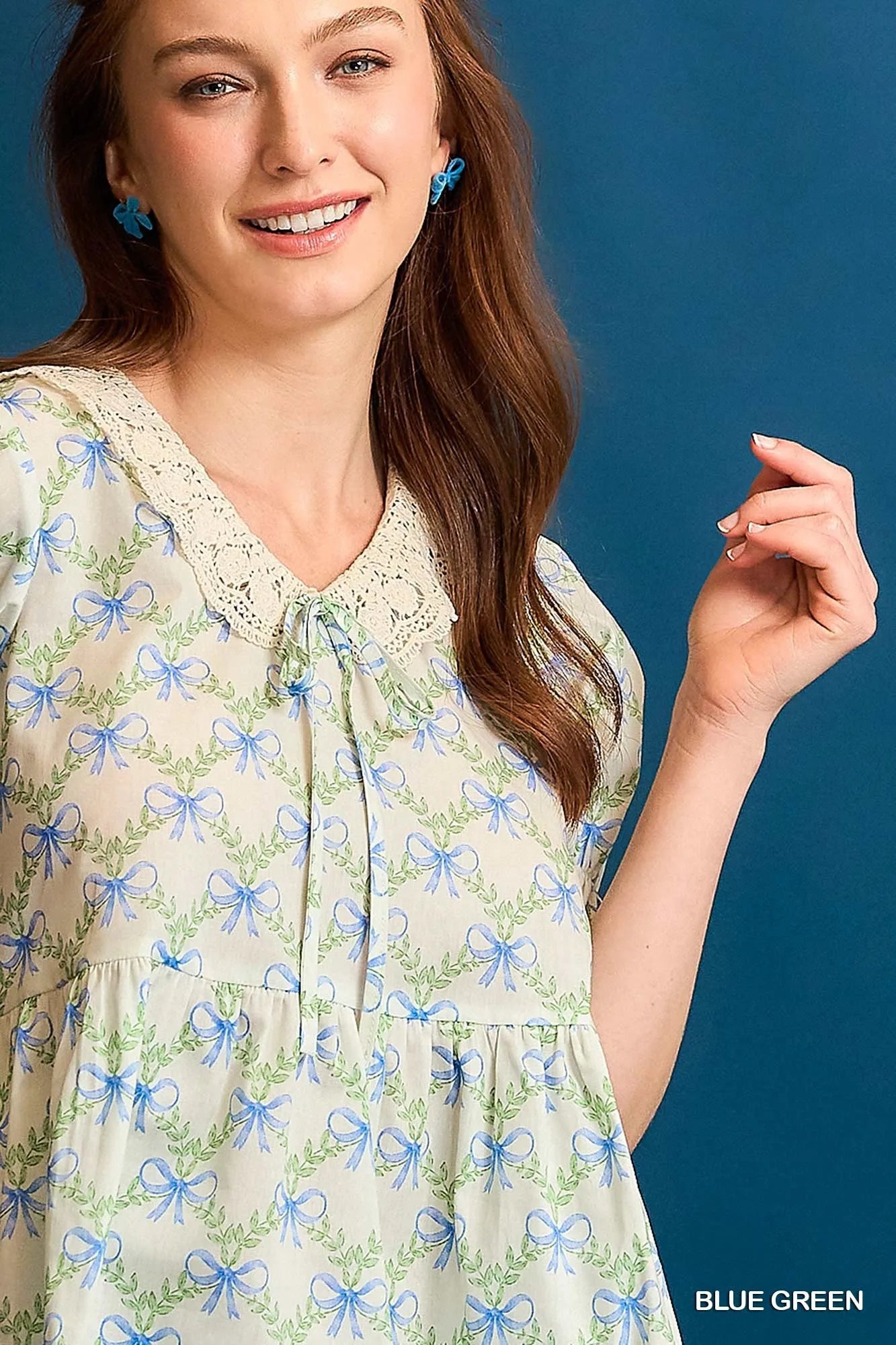 TEEK - Blue Green Lace Detail Bow Flounce Sleeve Blouse TOPS TEEK Trend