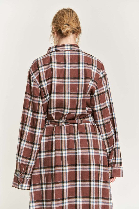 TEEK - PLUS SIZE  PLAID PRINT COLLAR LONG SHIRT DRESS DRESS TEEK FG   