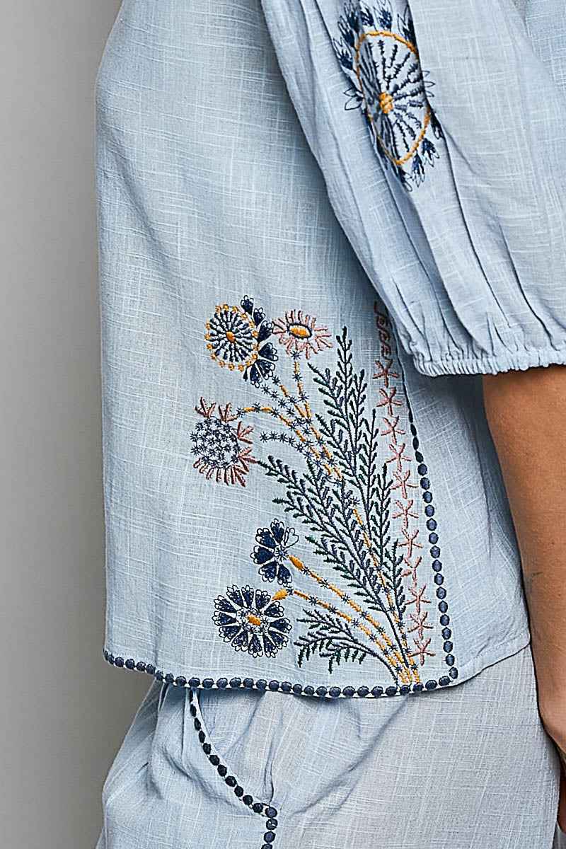 POL Button Down Embroidered Floral Short Sleeve Shirt Trendsi