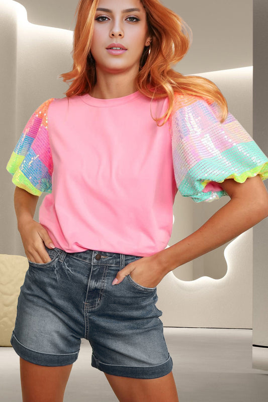 Sequin Round Neck Short Sleeve Blouse  TEEK Trend Blush Pink S 