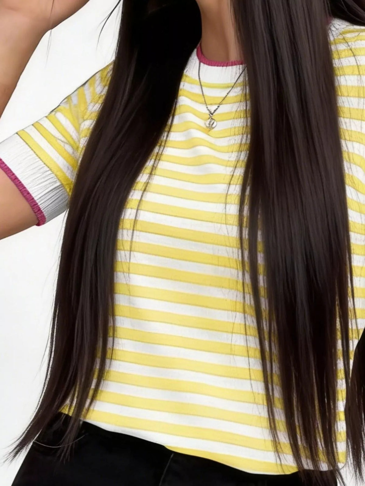 Contrast Trim Striped Short Sleeve Knit Top Trendsi