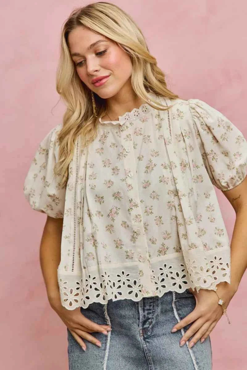 TEEK - Floral Print Lace Trim Short Sleeves Blouse TOPS TEEK Trend