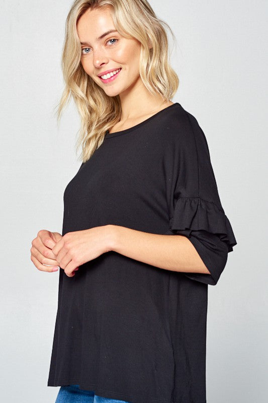 TEEK - PLUS SIZE SOLID RUFFLE SLEEVE TOP TOPS TEEK FG   