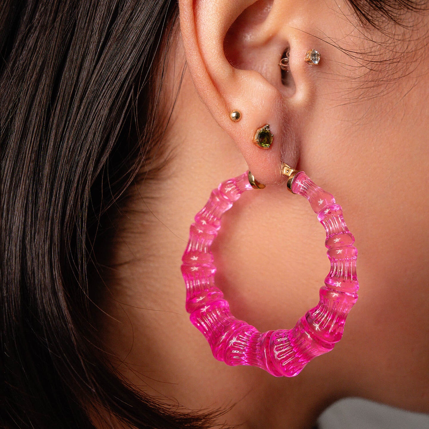 TEEK - Electric Pink Lucite Bamboo Hoop Earrings JEWELRY TEEK GNH