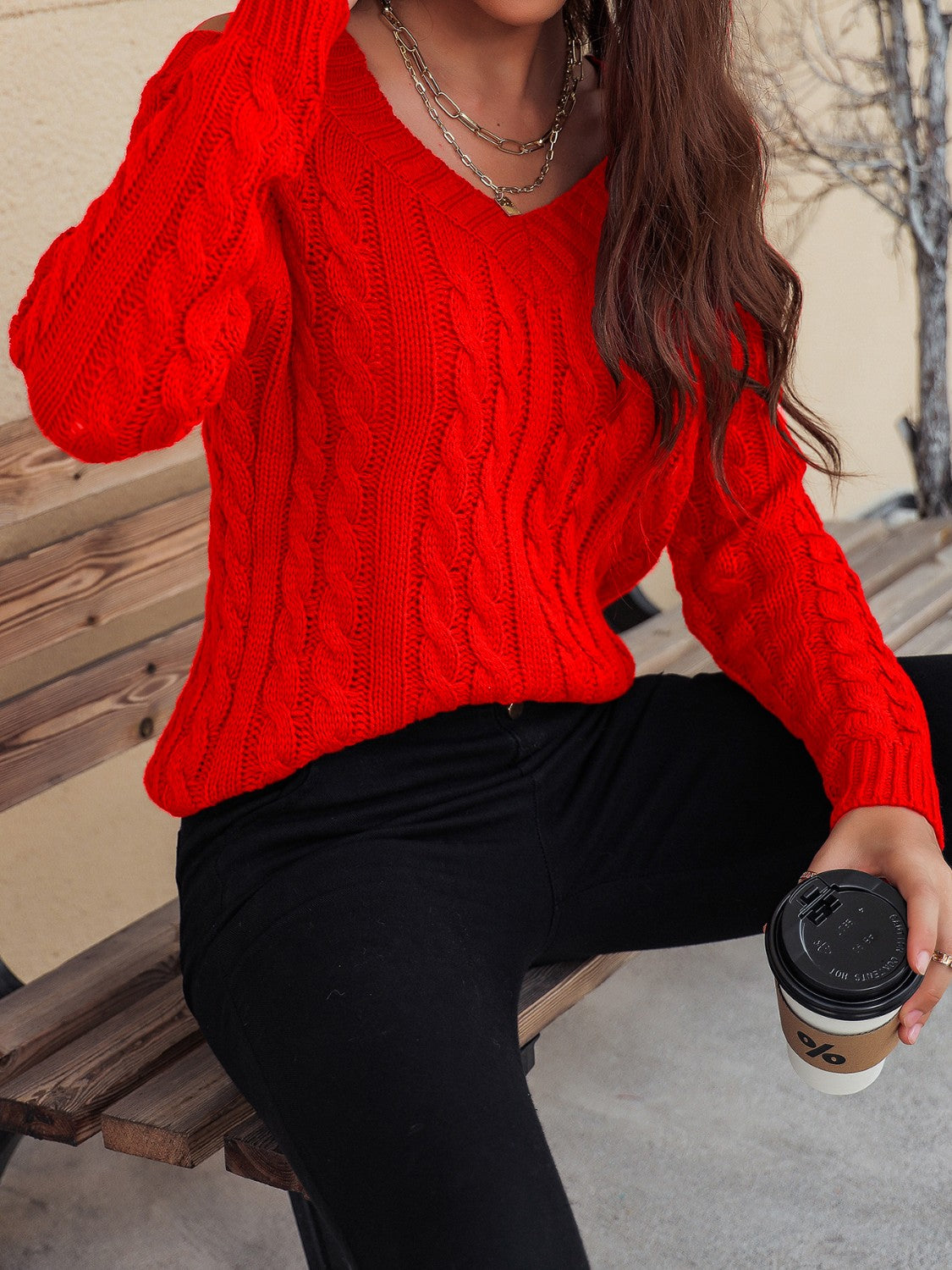 TEEK - Honey Cable-Knit V-Neck Cold Shoulder Sweater TOPS TEEK Trend